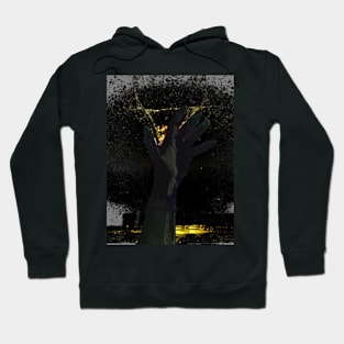 Digital collage and special processing. Hand reaching stars. Monster or great friend. Gold drops, dark hand. Hoodie